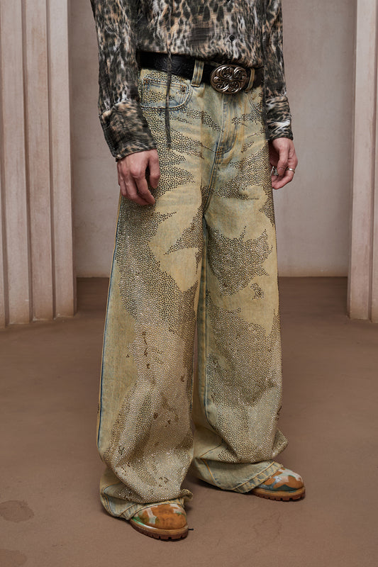 28K Crystal-Studded Dual-Wash A-Line Denim(mud)
