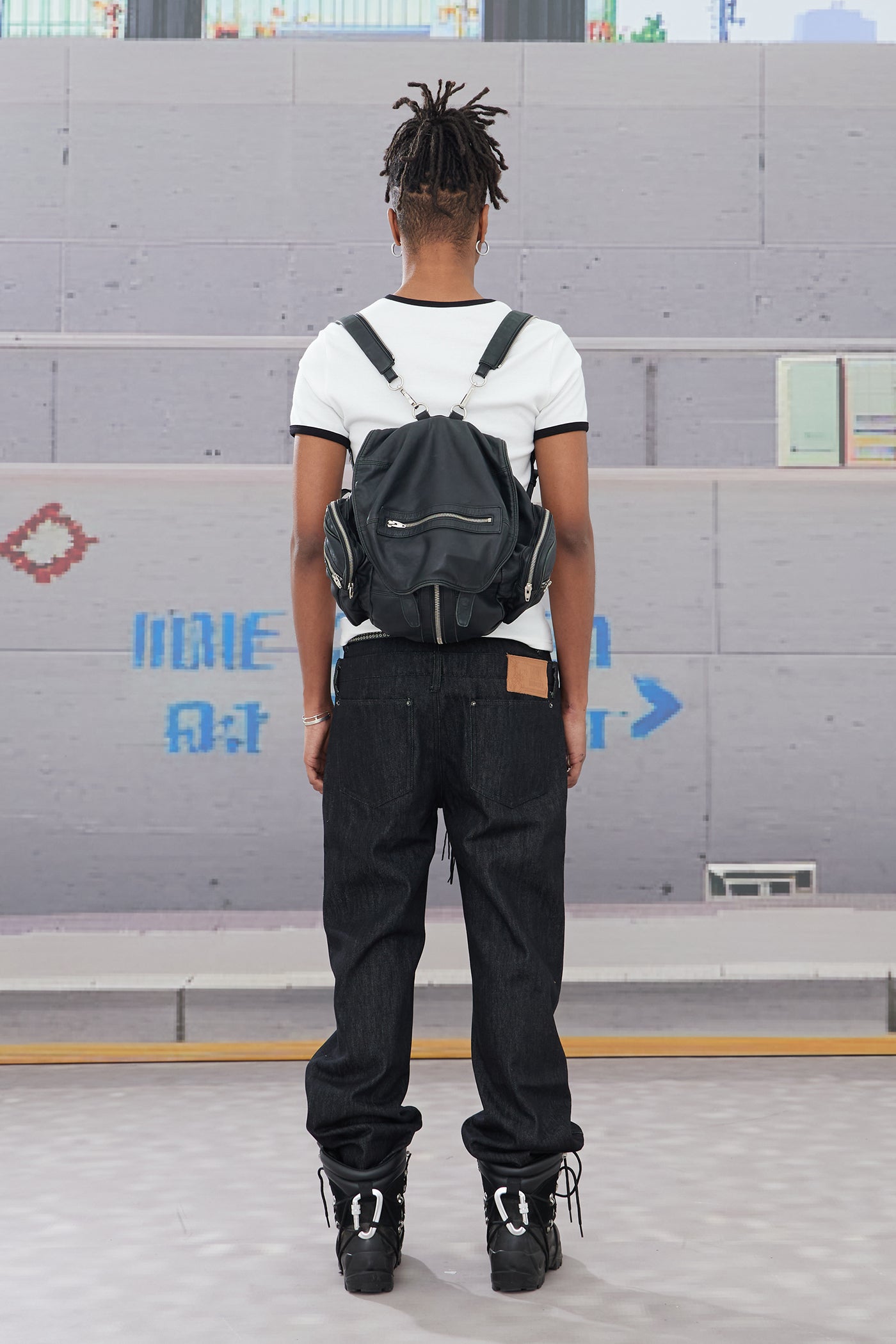 Slanted Zipper Lace-Up Double-Waistband Raw Denim Jeans