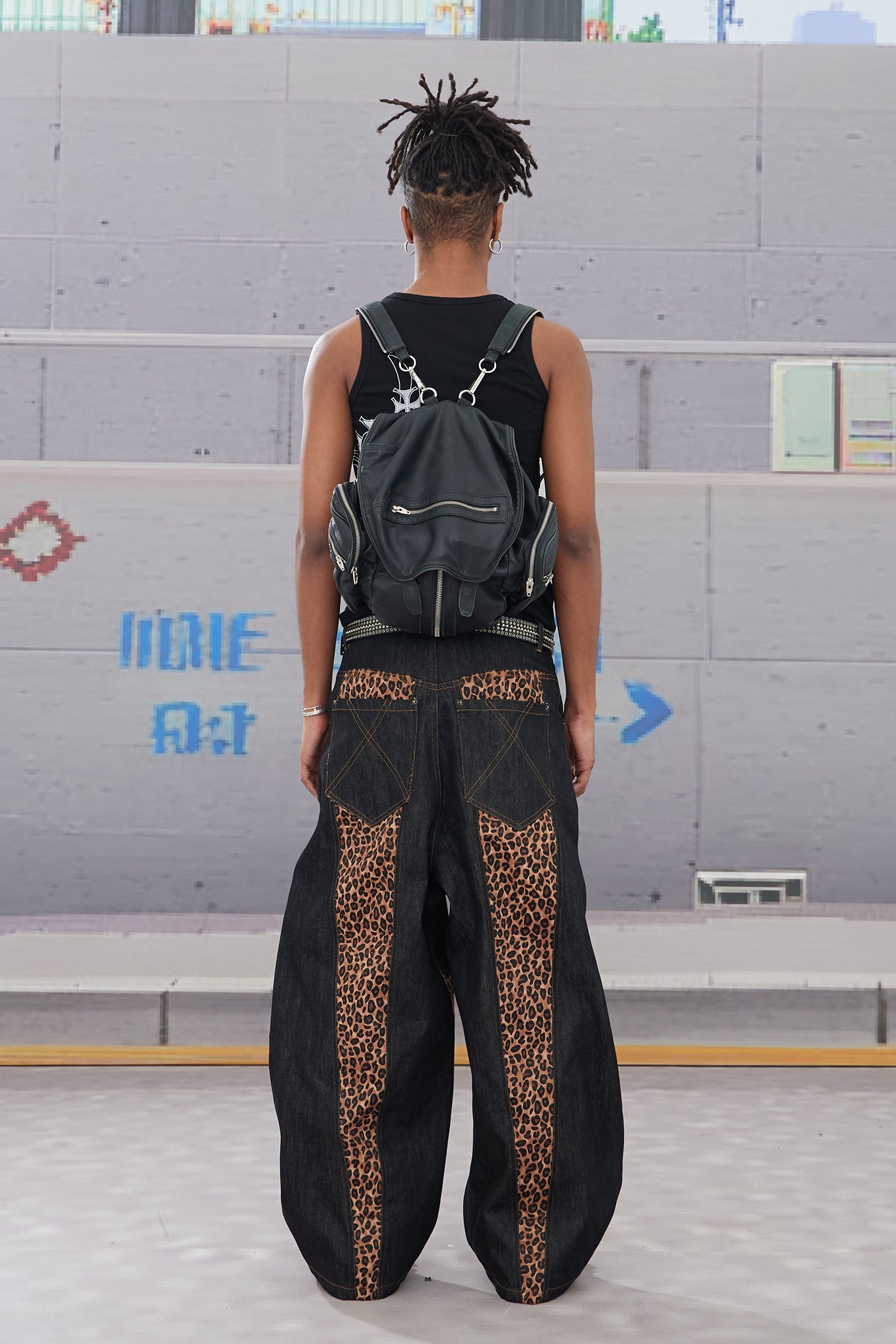 Cross-Paneled Genuine Haircalf Leopard Leather Curved Baggy Jeans