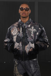 Jeweled Cross Spliced Pythonskin Leather Jacket