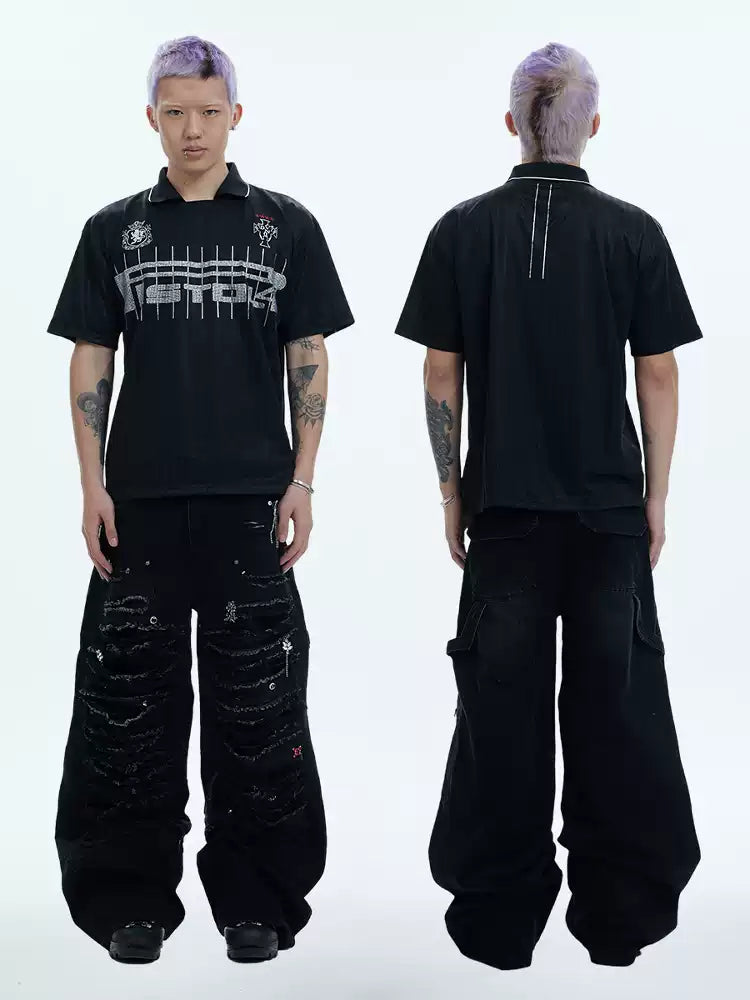 Heavy-Distressed Jewel Rivet-Paneled Washed Baggy Jeans
