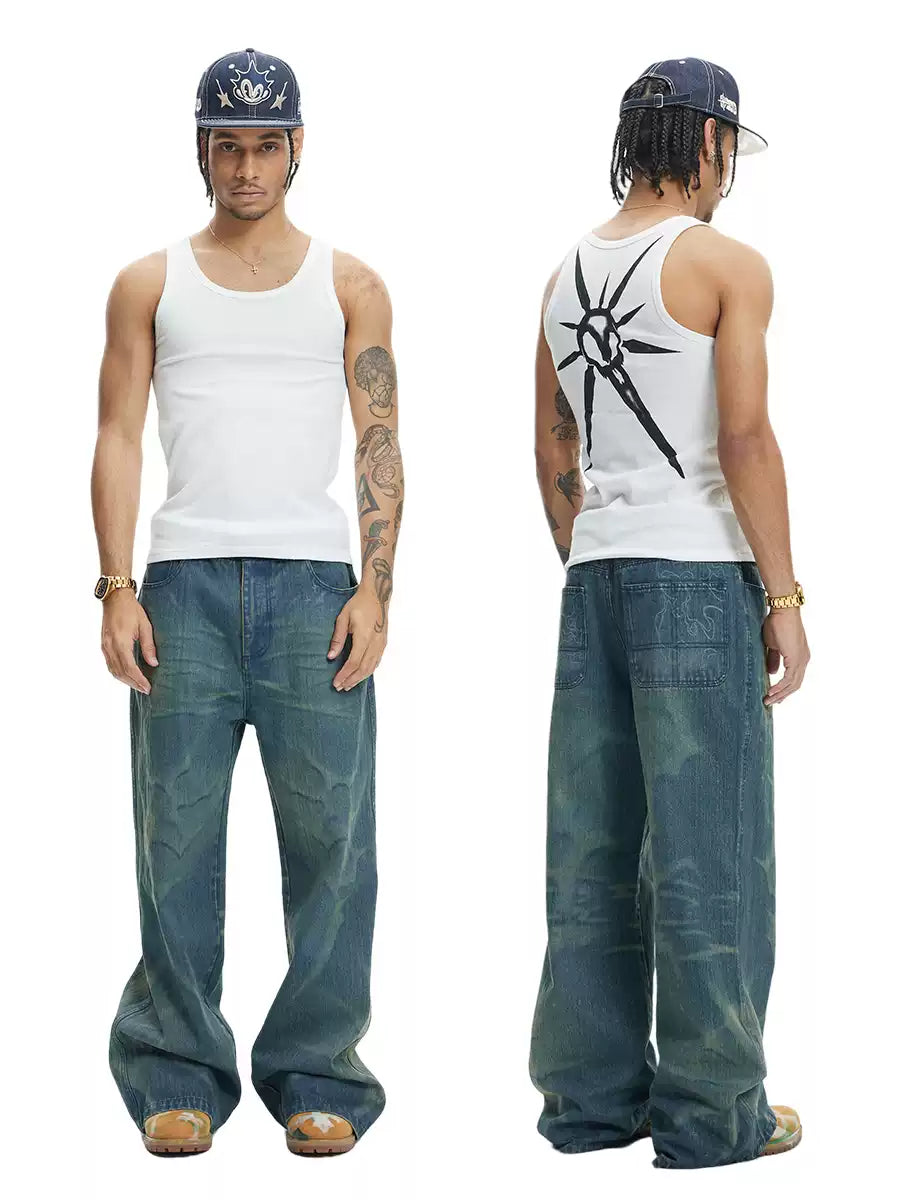 Laser Burning Ocean Straight Leg Jeans