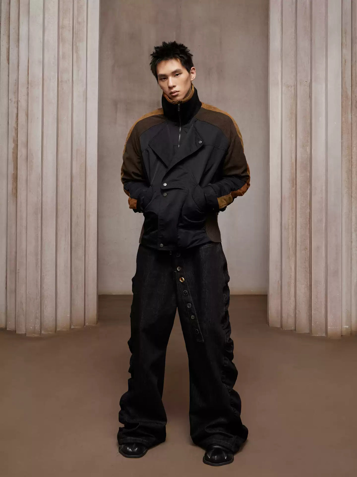 Asymmetric Front Suede-Corduroy Panel Padded Jacket (black X cosmic orange)