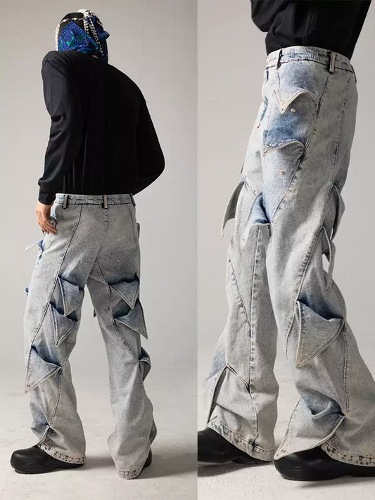 Deconstructed Petals Washed Denim Jeans