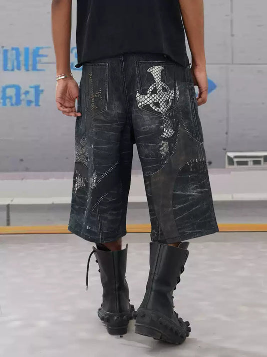 Leather Cross Splicing Printed 3/4 Jeans