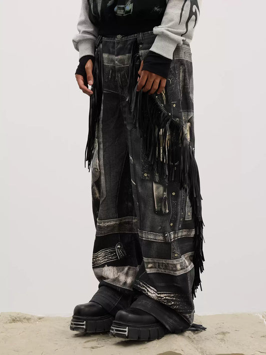 Gothic Fringe Dual-Gun Printed Baggy Jeans