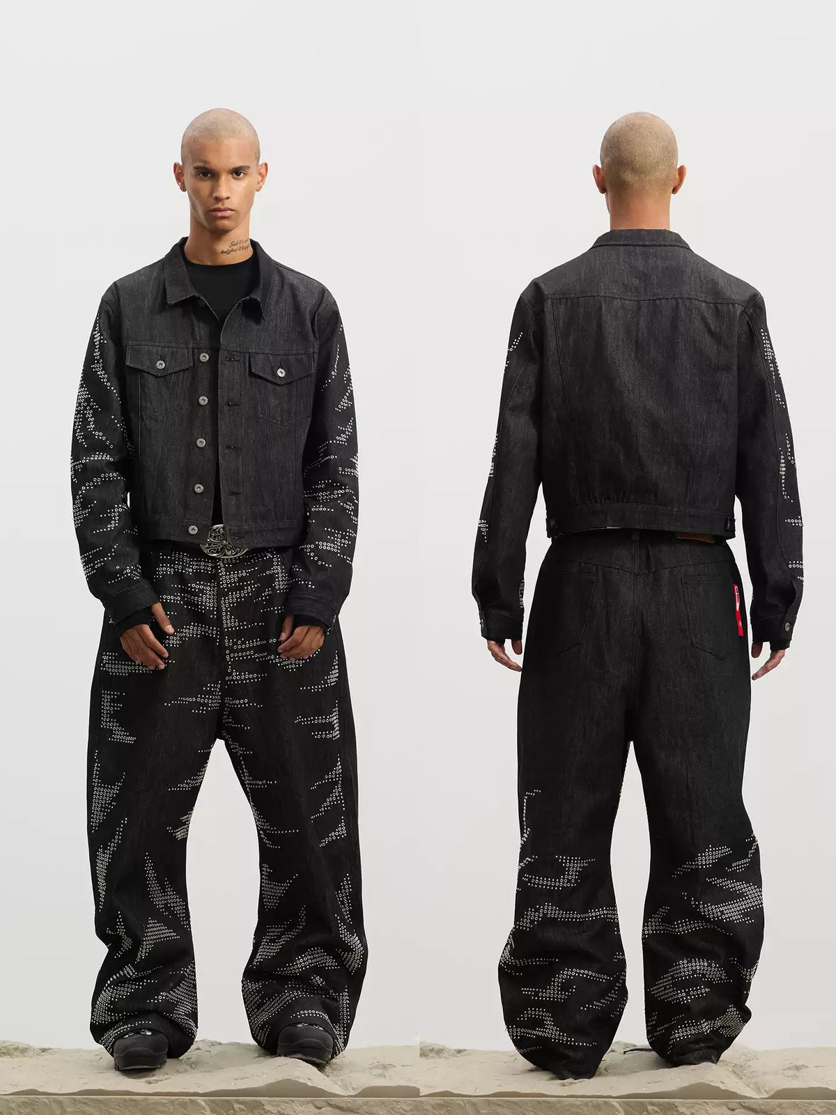 Tiger-Whisker Heat-Pressed Studded Cropped Raw Denim Jacket