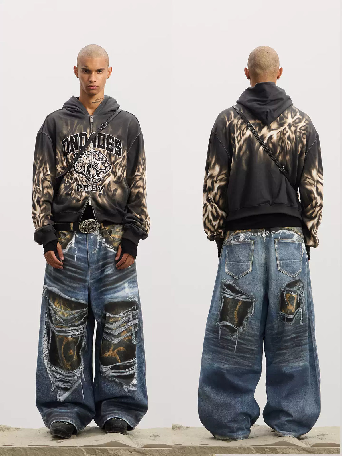 Ripped Leopard Layer Washed Print Jeans