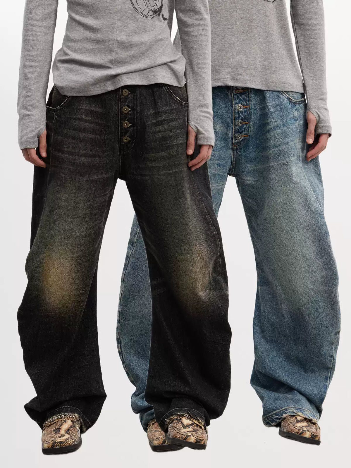 Curved Button Fly Loose Fit Washed Denim