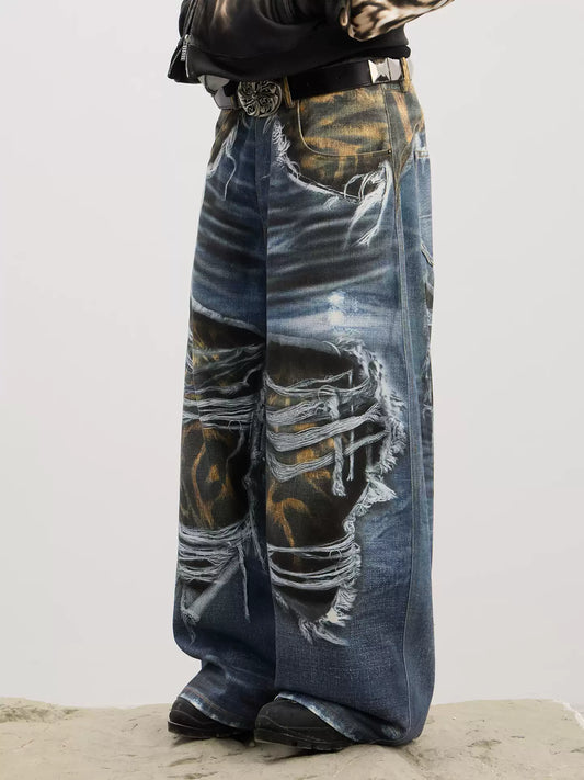 Ripped Leopard Layer Washed Print Jeans