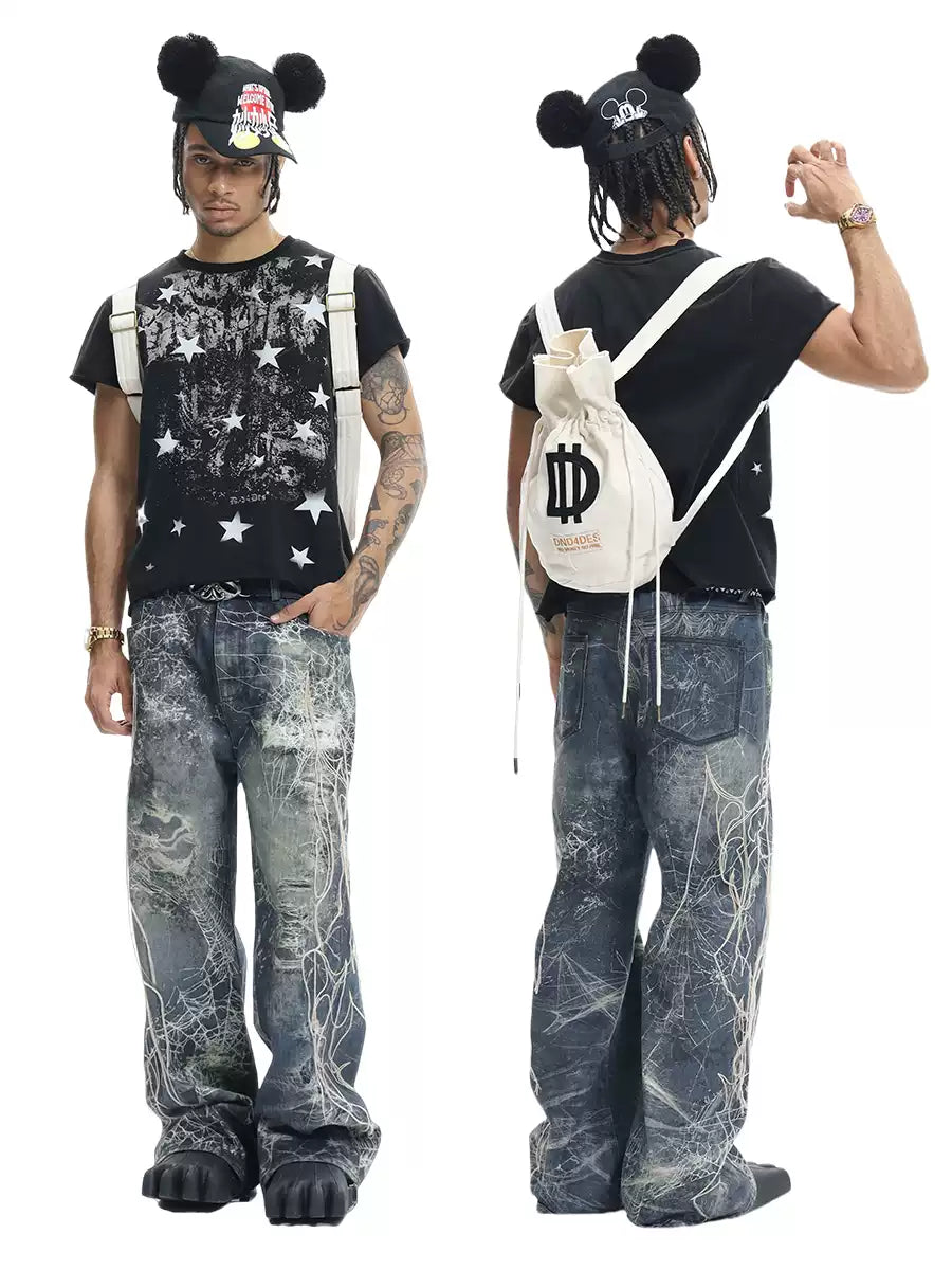 Spider Web Embroidery Tassel Hard Washed Jeans