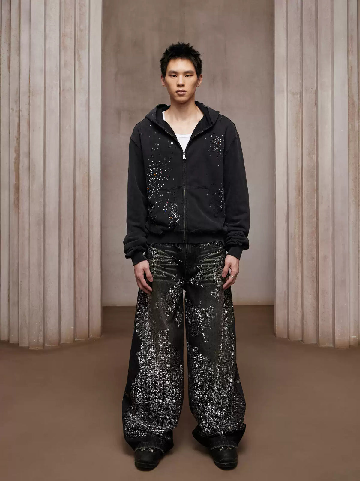 28K Crystal-Studded Dual-Wash A-Line Denim(mud)
