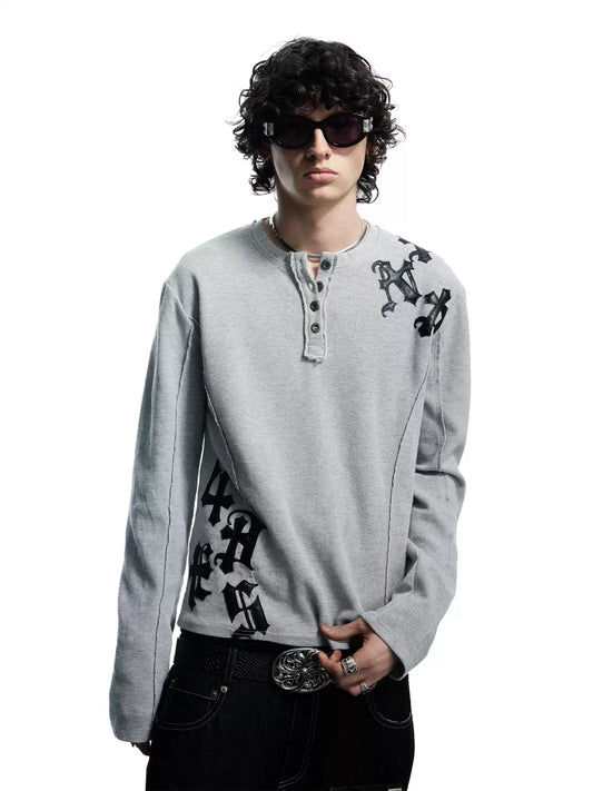 Henley Neck Applique Long Sleeve