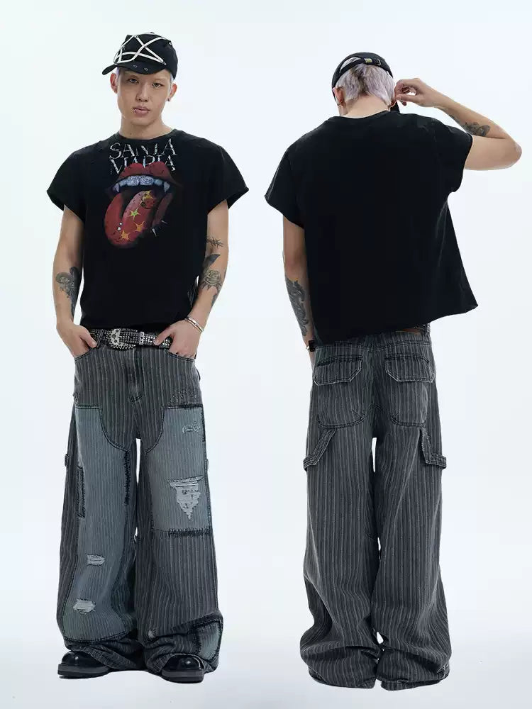 Striped Patchwork Distressed Carpenter Pants
