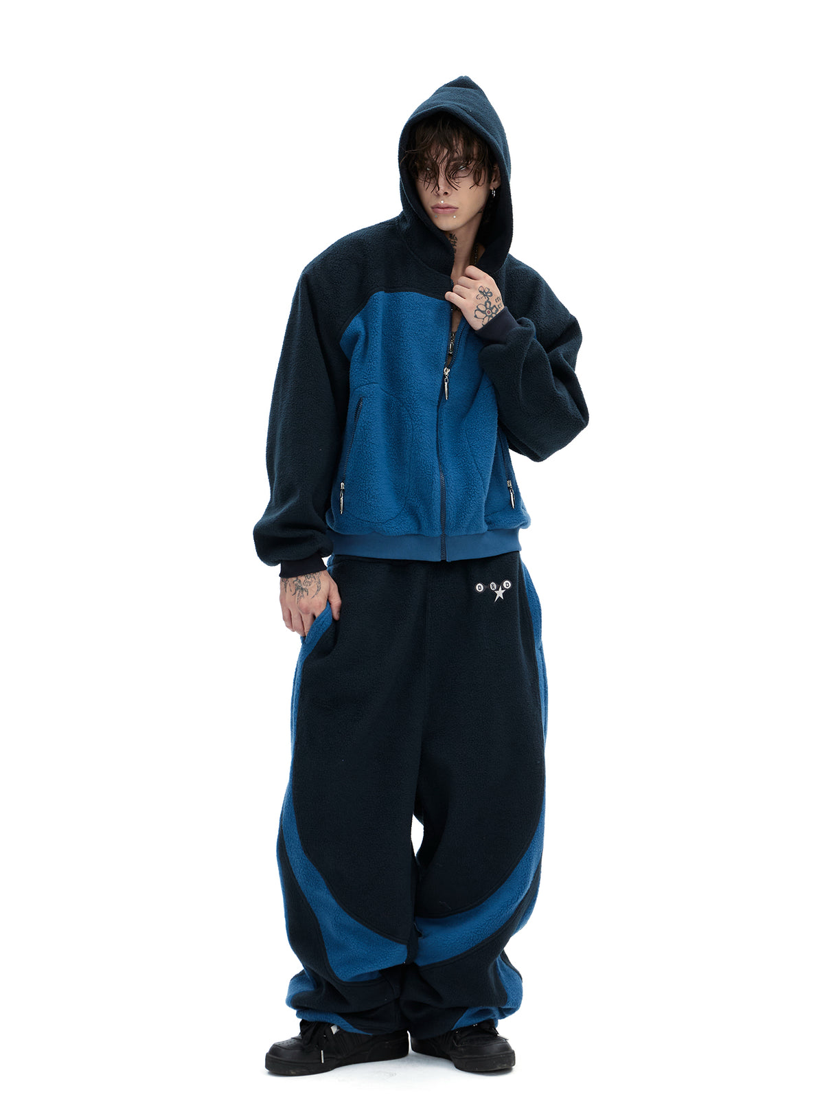 Colorblock Fleece Zip-Up Hoodie & Wide-Leg Sweatpants