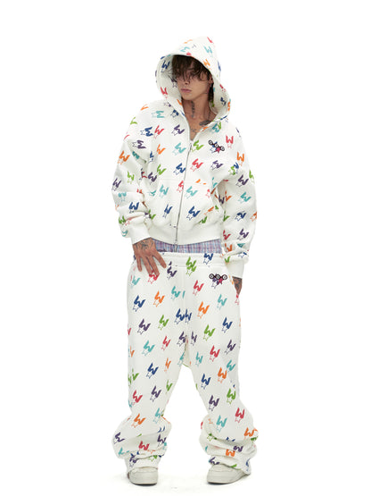 Multicolor Houndstooth Zip-Up Hoodie & Double-Waist Sweatpants