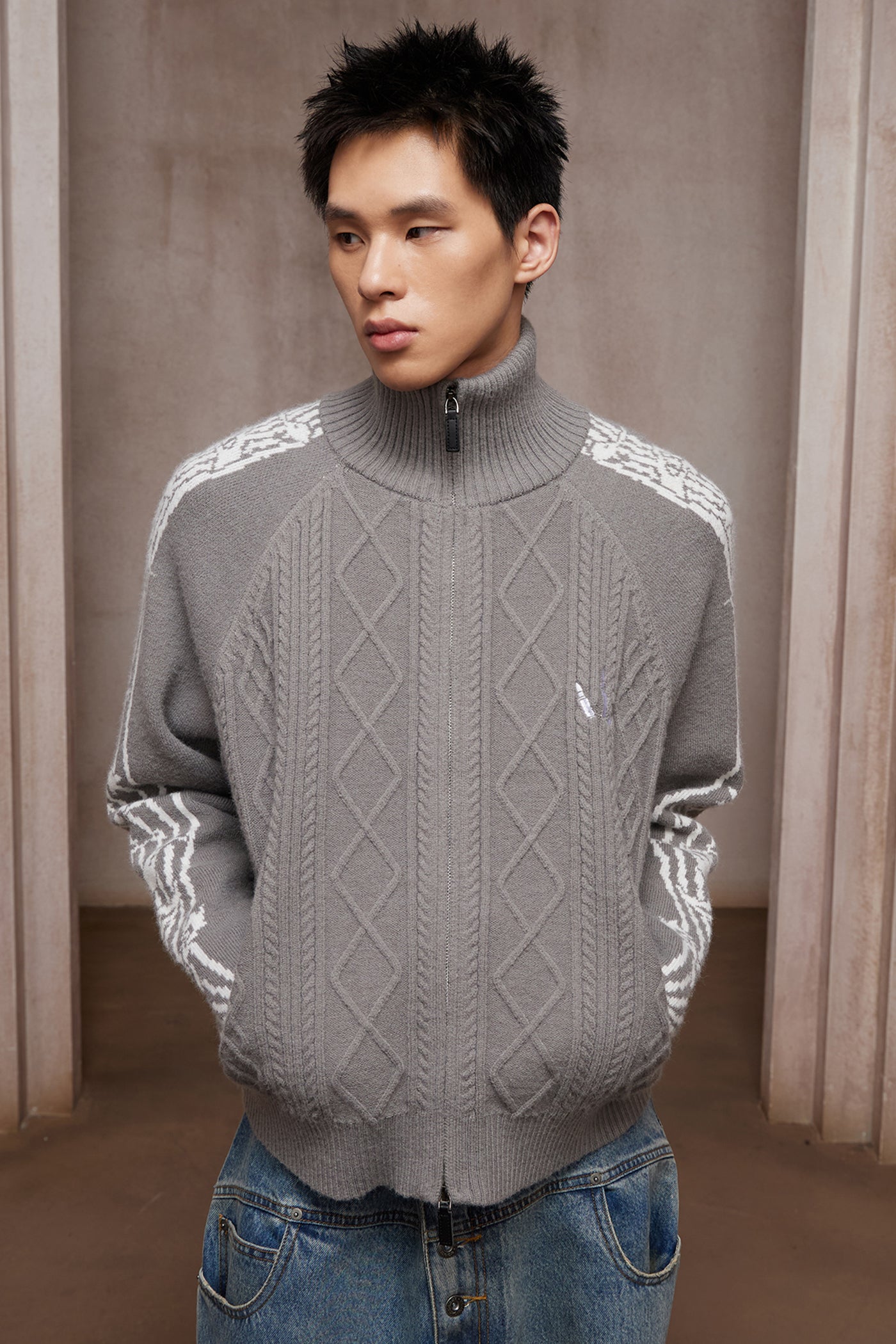 Riff Aran Cable Knit High-Neck Zip-Up Jacket