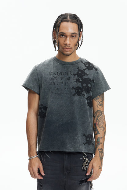 Multi Skulls Distressed Rolled Sleeve Tee