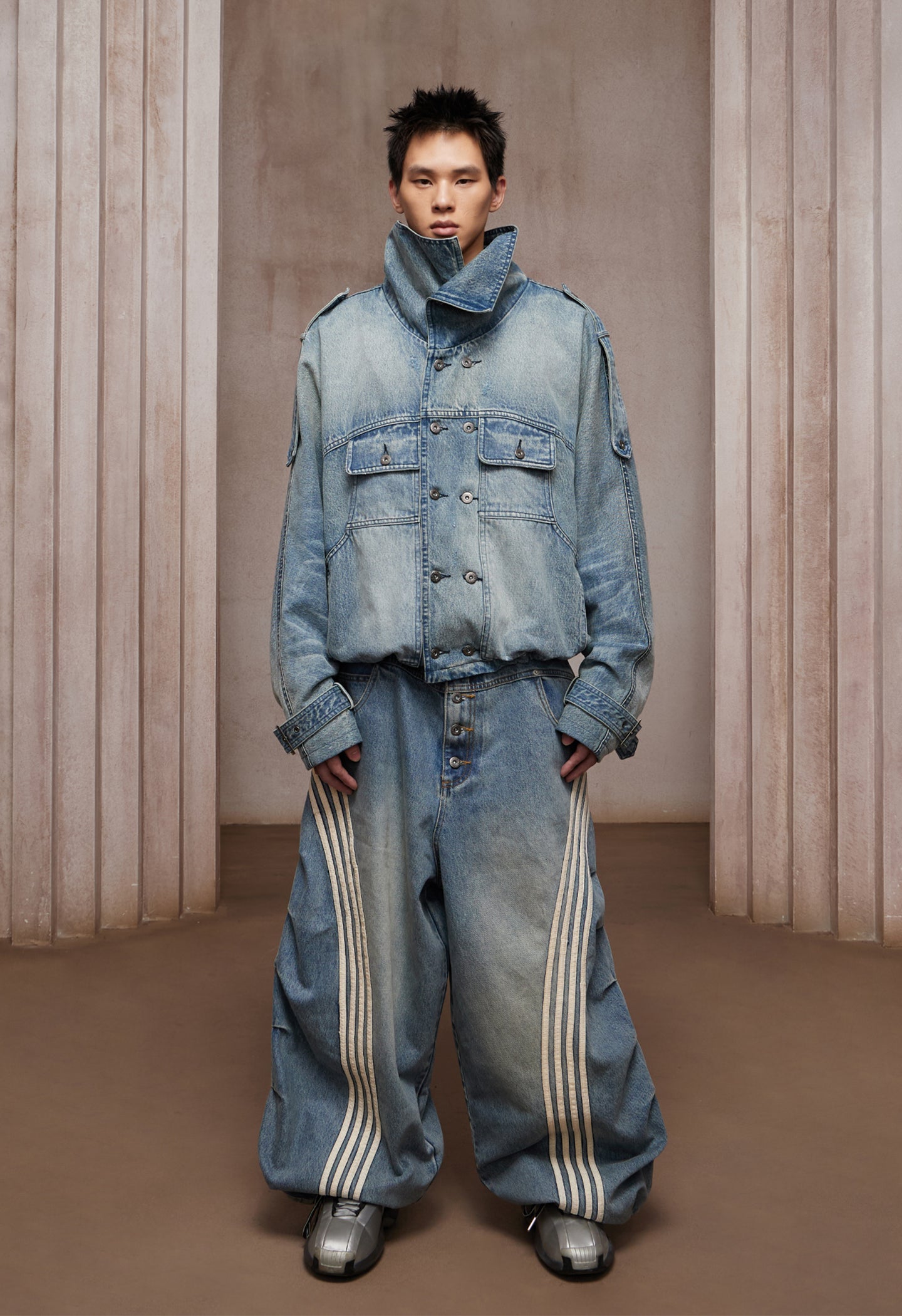 Washed Stand-Collar Double-Breasted Cropped Denim Trench Jacket