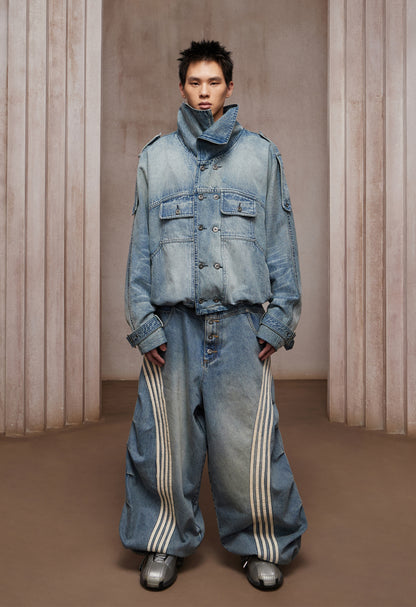 Washed Stand-Collar Double-Breasted Cropped Denim Trench Jacket
