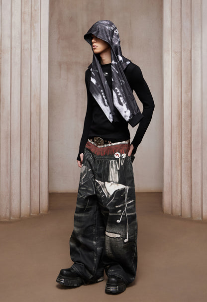 Trompe-l’œil Sports-Layered Printed Baggy Jeans
