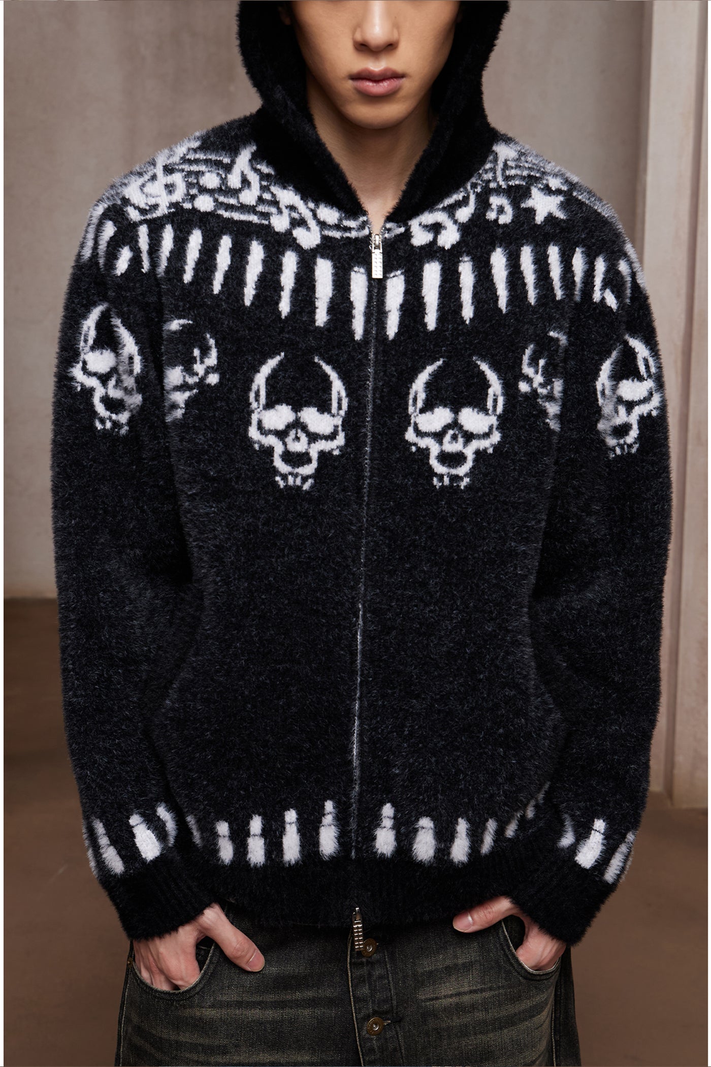 Faux Mink Skull & Bullet Zip-Up Hooded Jacket