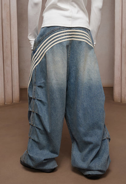 DND4-Stripe Pleated Washed Denim Ultra Wide-Leg Jeans