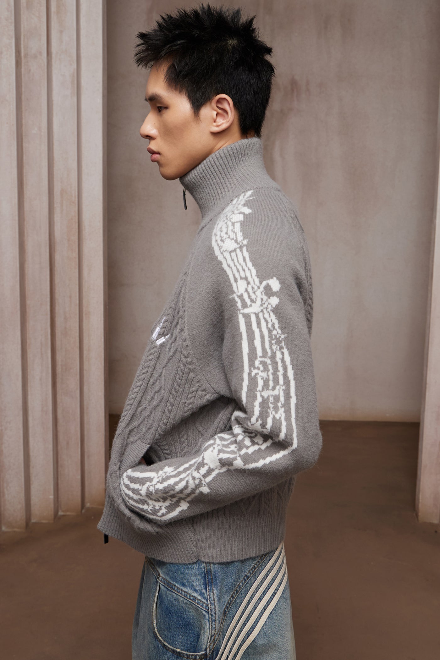 Riff Aran Cable Knit High-Neck Zip-Up Jacket