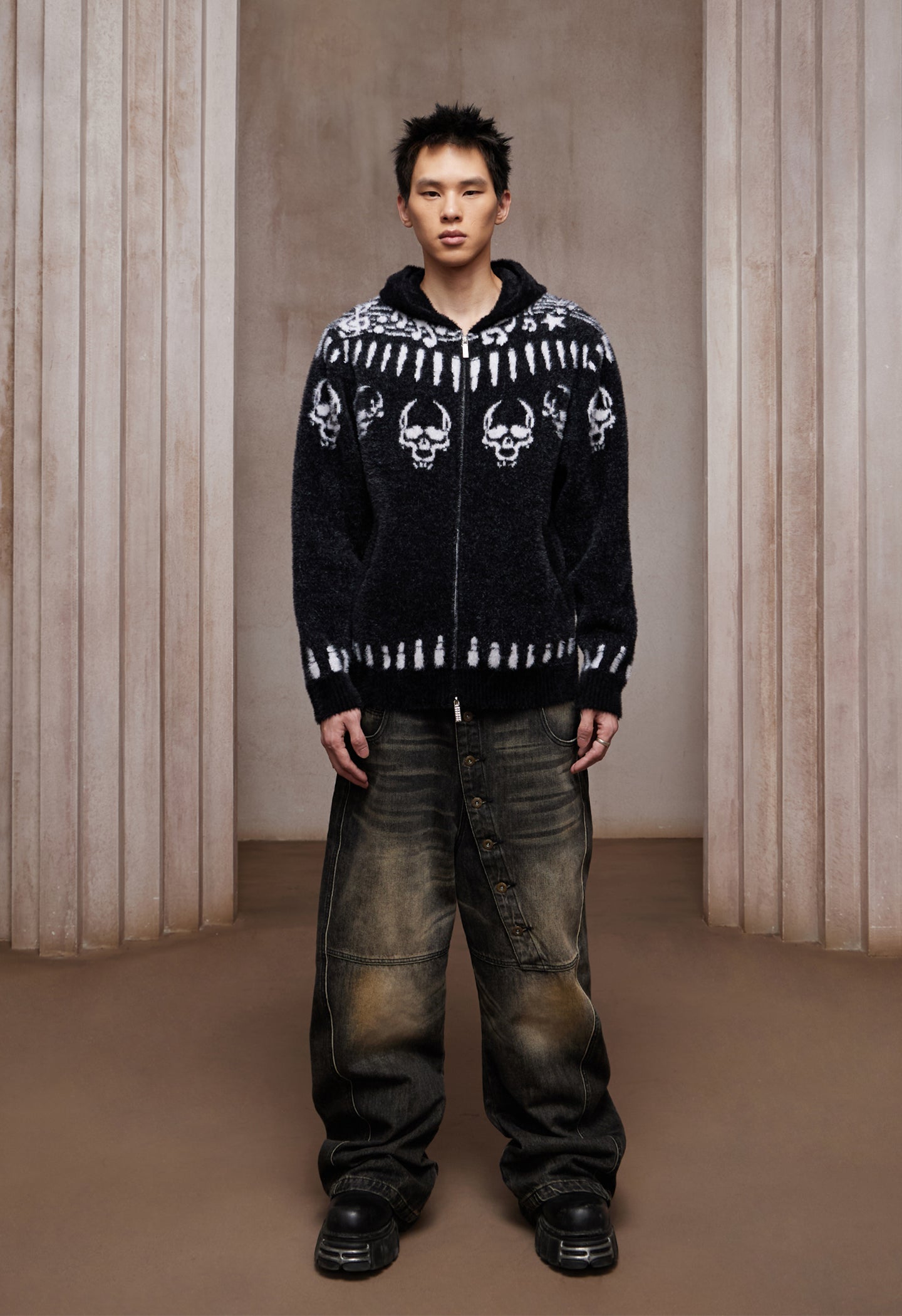 Faux Mink Skull & Bullet Zip-Up Hooded Jacket