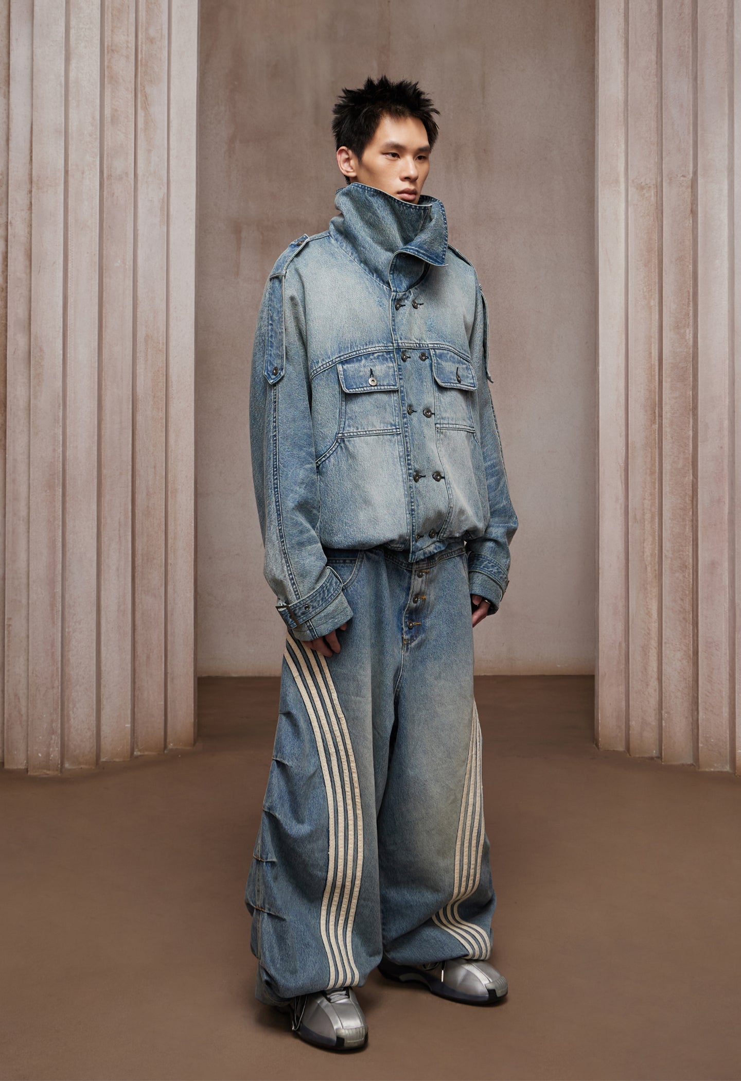 Washed Stand-Collar Double-Breasted Cropped Denim Trench Jacket