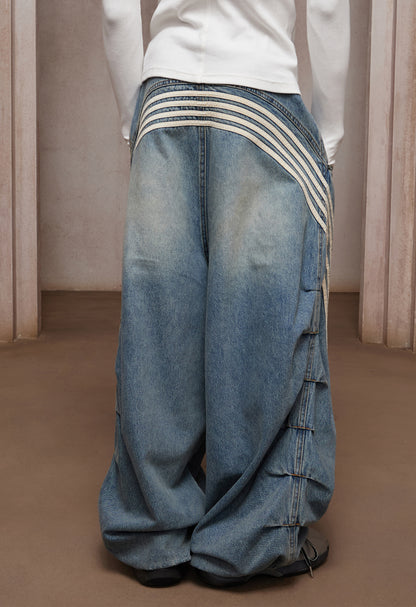 DND4-Stripe Pleated Washed Denim Ultra Wide-Leg Jeans