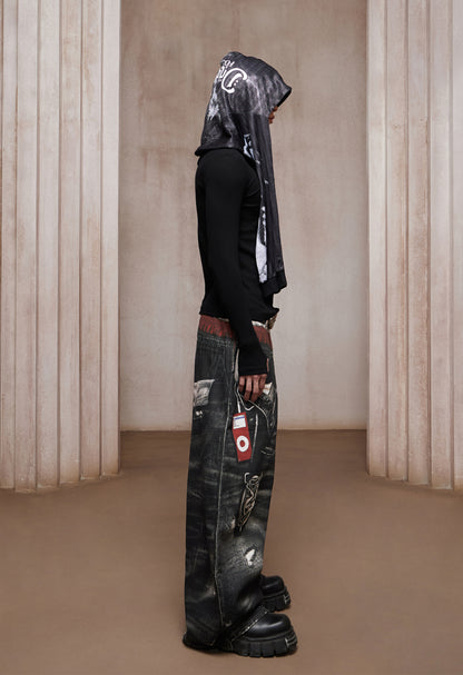 Trompe-l’œil Sports-Layered Printed Baggy Jeans