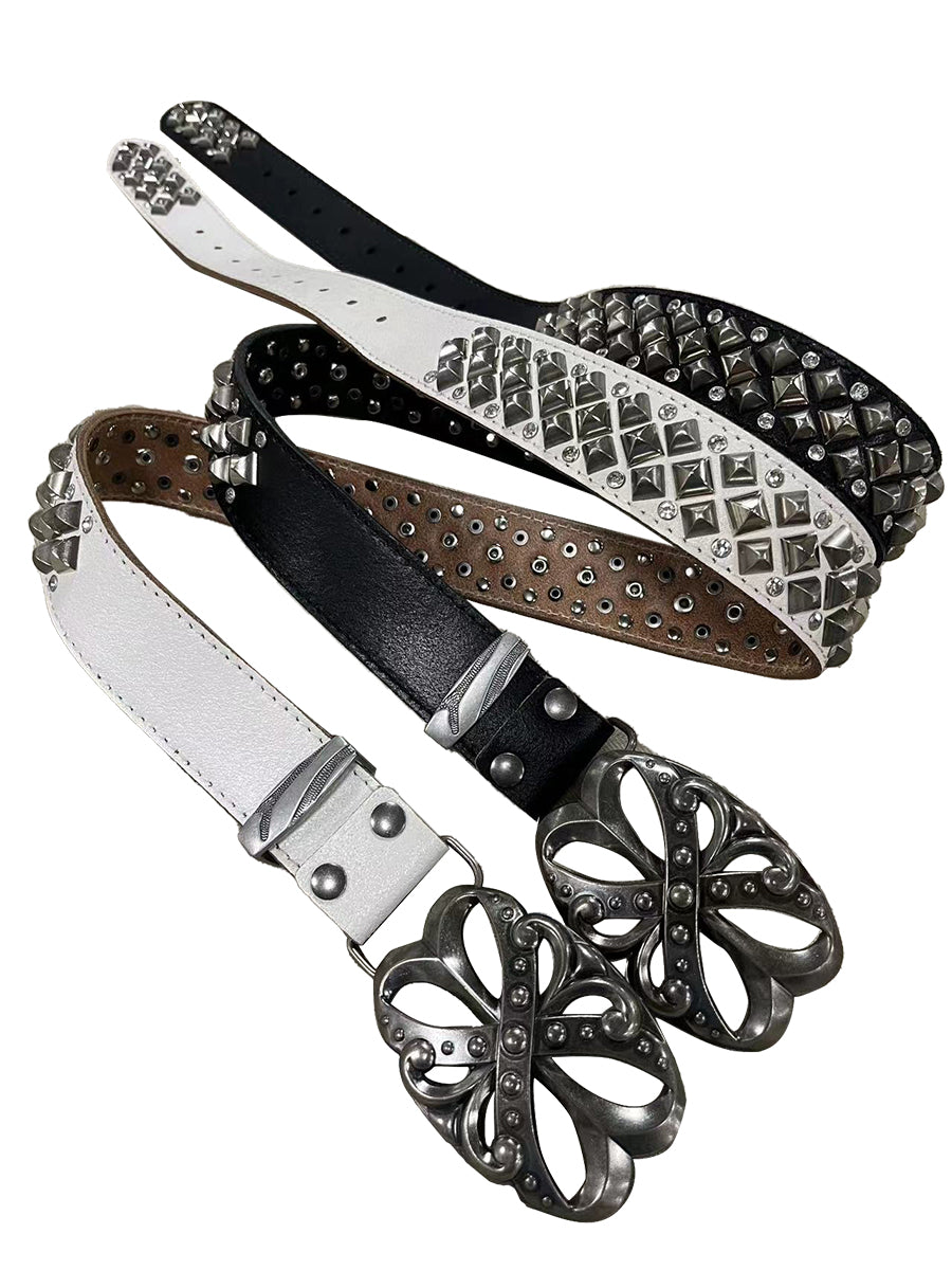 Studded Rhinestone Carved Buckle Leather Belt