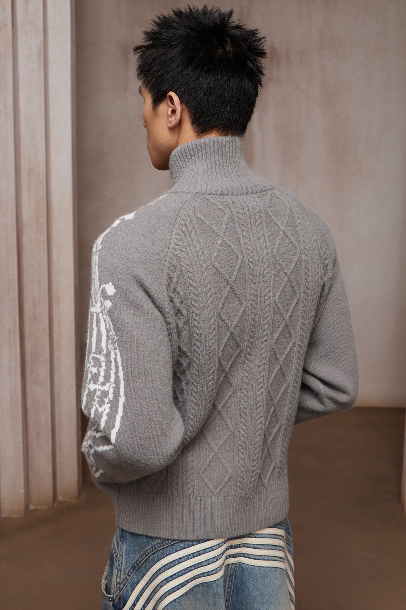 Riff Aran Cable Knit High-Neck Zip-Up Jacket
