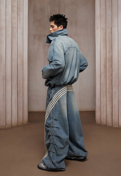 Washed Stand-Collar Double-Breasted Cropped Denim Trench Jacket