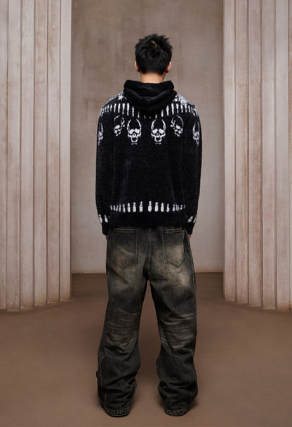 Faux Mink Skull & Bullet Zip-Up Hooded Jacket