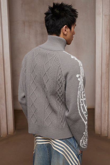 Riff Aran Cable Knit High-Neck Zip-Up Jacket