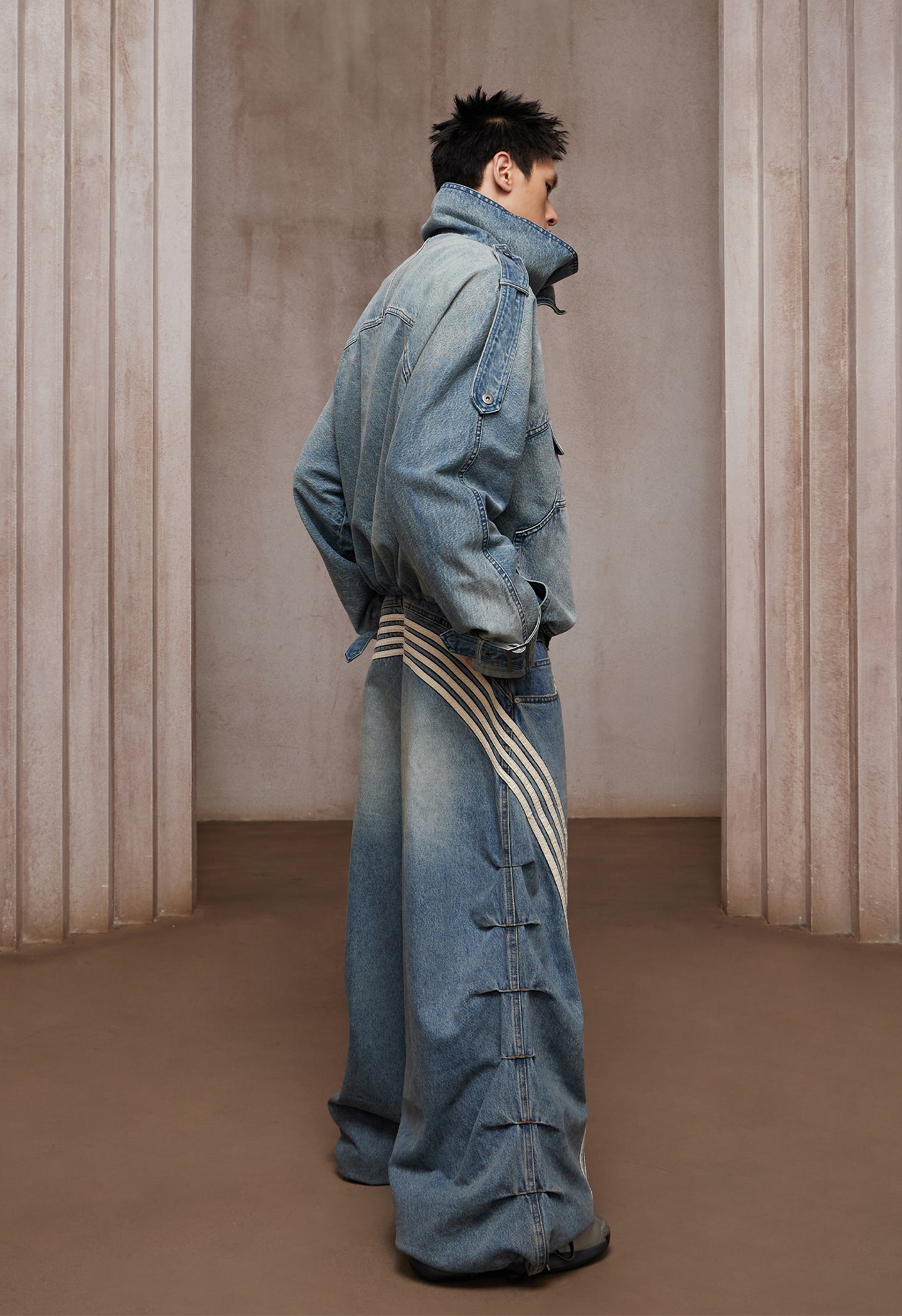 Washed Stand-Collar Double-Breasted Cropped Denim Trench Jacket