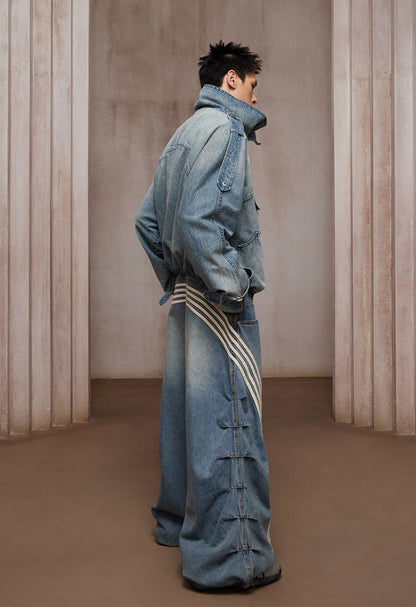 Washed Stand-Collar Double-Breasted Cropped Denim Trench Jacket
