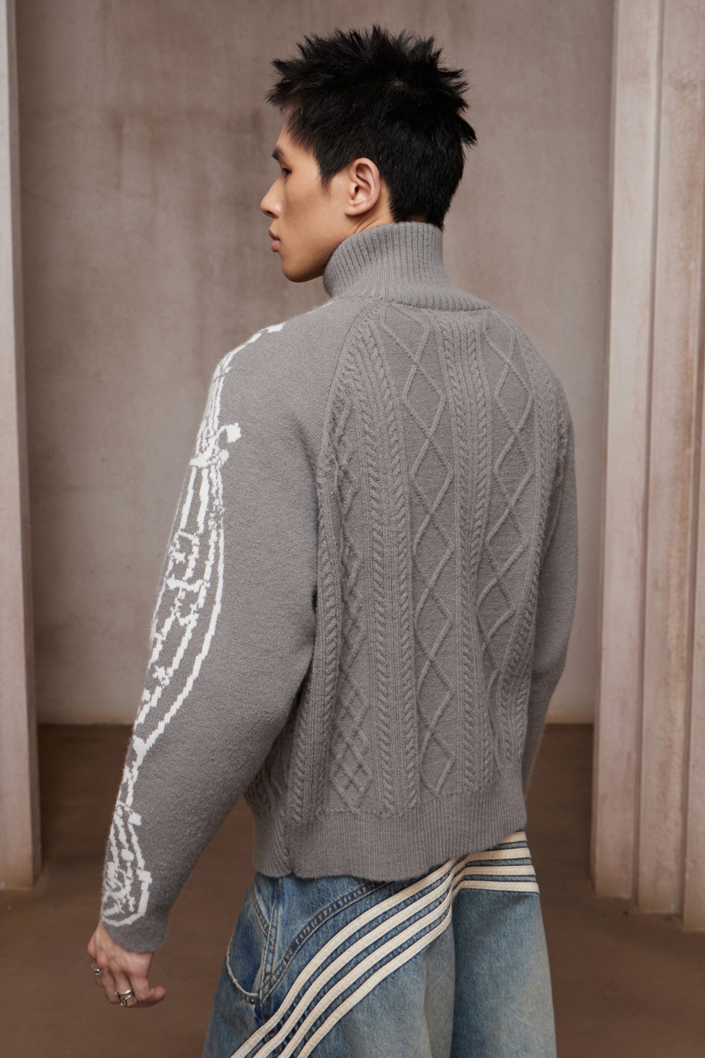 Riff Aran Cable Knit High-Neck Zip-Up Jacket