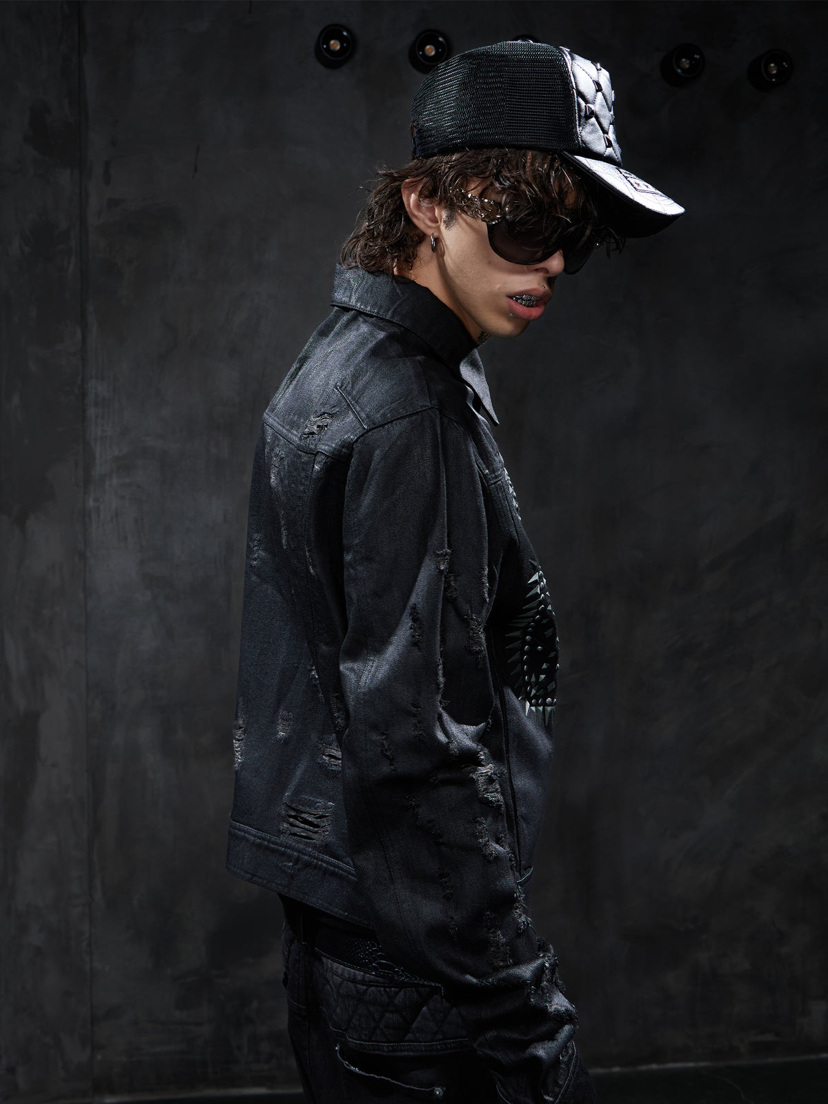 Studded Distressed Waxed Cropped Denim Jacket