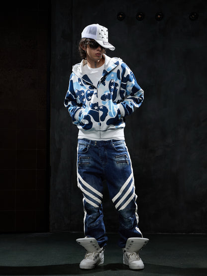 Vintage Washed Zip-Pocket Striped Biker Jeans