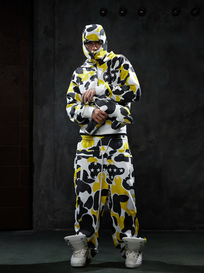 Star Camo Face Mask Zip-Up Hoodie&Double-Waist Baggy Sweatpants