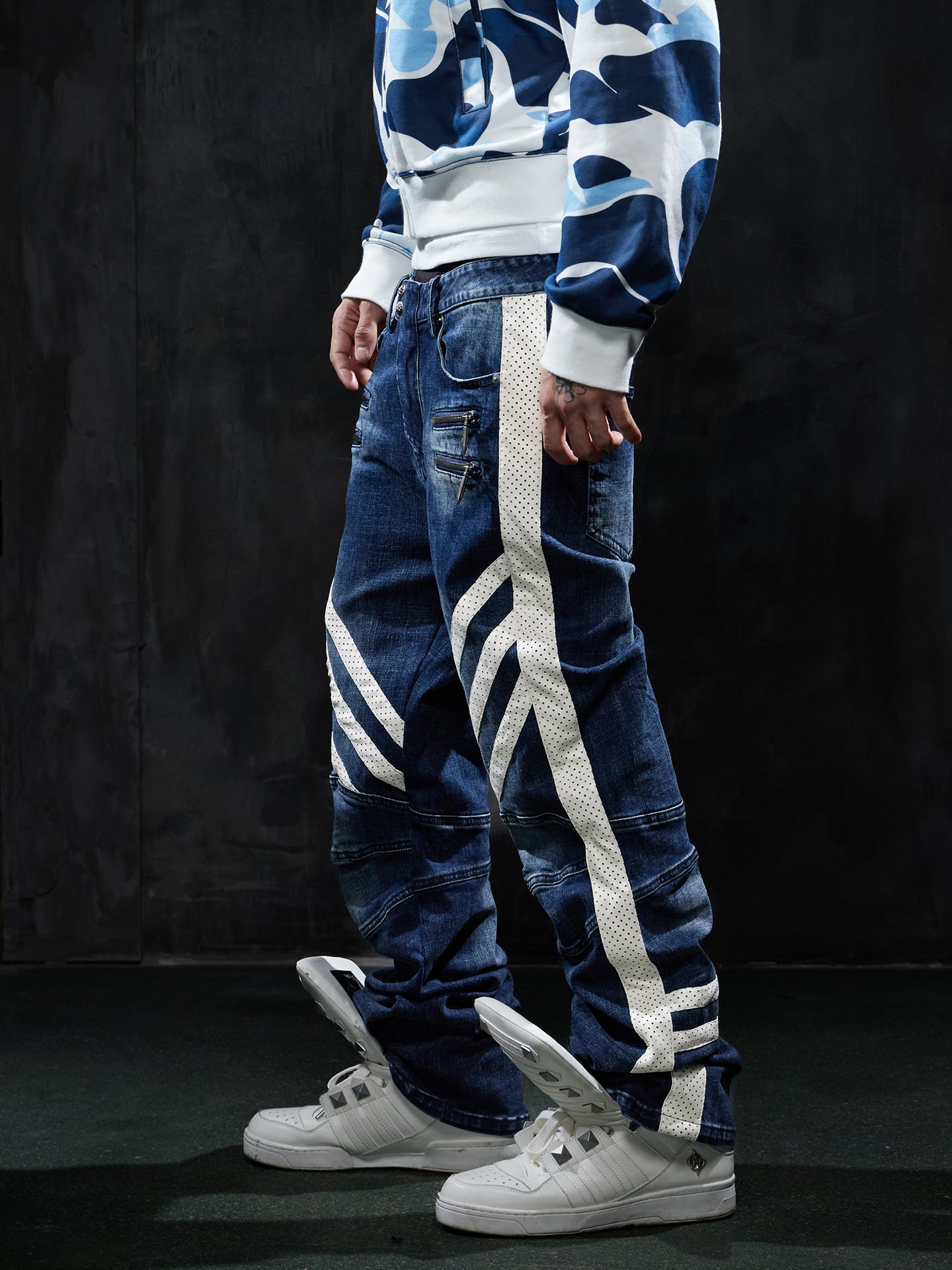 Vintage Washed Zip-Pocket Striped Biker Jeans