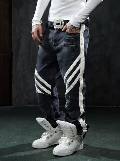 Vintage Washed Zip-Pocket Striped Biker Jeans