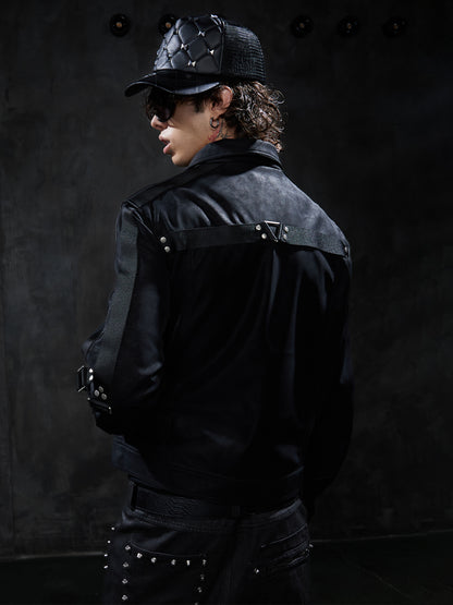 Dark Studded Multi-Strap Suede Jacket