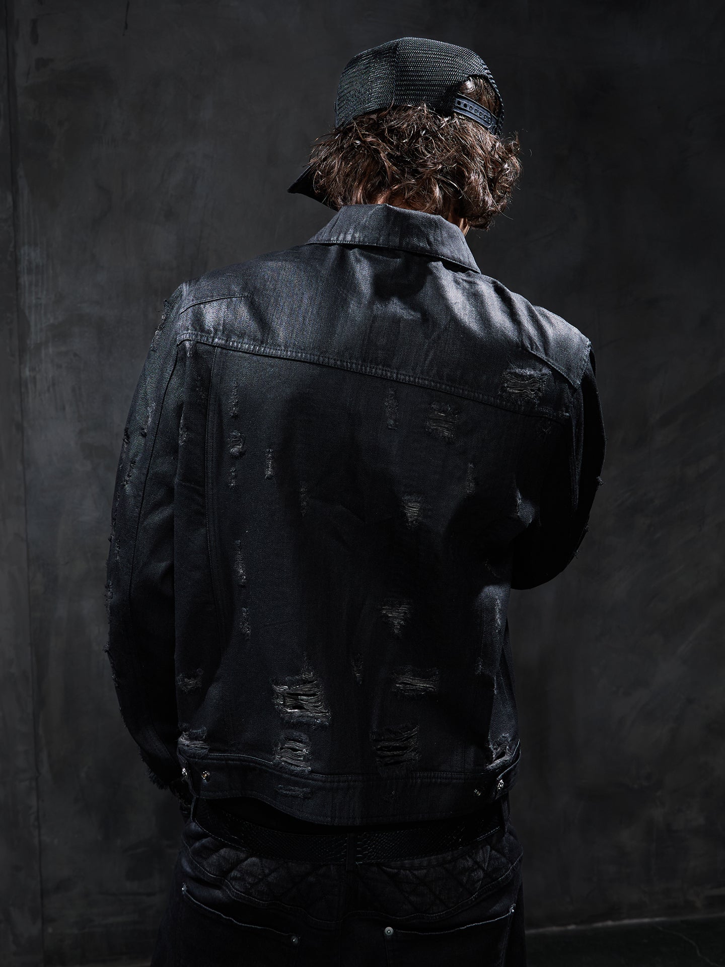 Studded Distressed Waxed Cropped Denim Jacket
