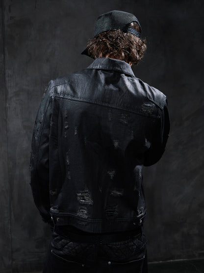 Studded Distressed Waxed Cropped Denim Jacket