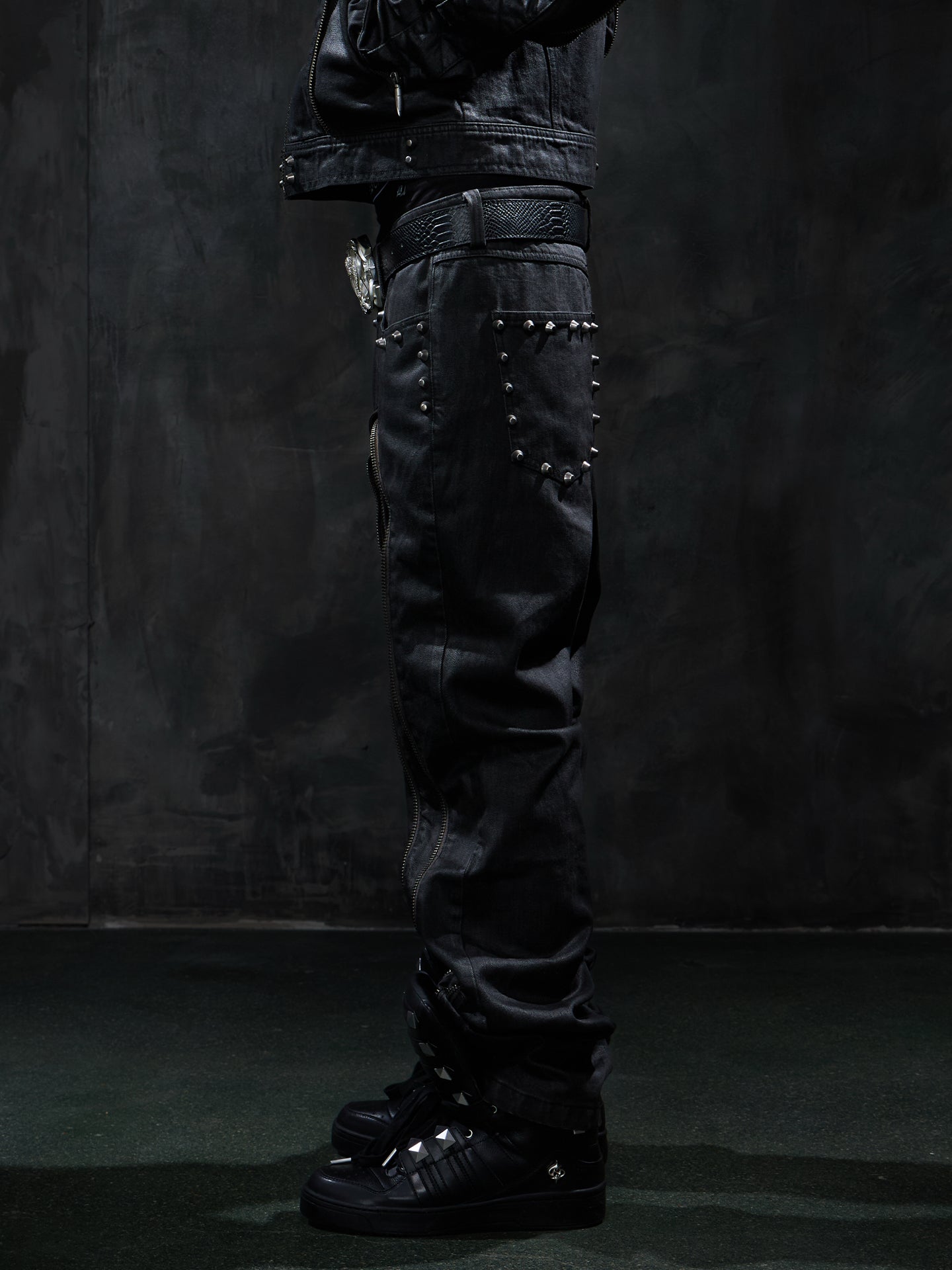 Dark Punk Studded Double-Zip Waxed Straight-Leg Jeans