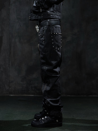 Dark Punk Studded Double-Zip Waxed Straight-Leg Jeans